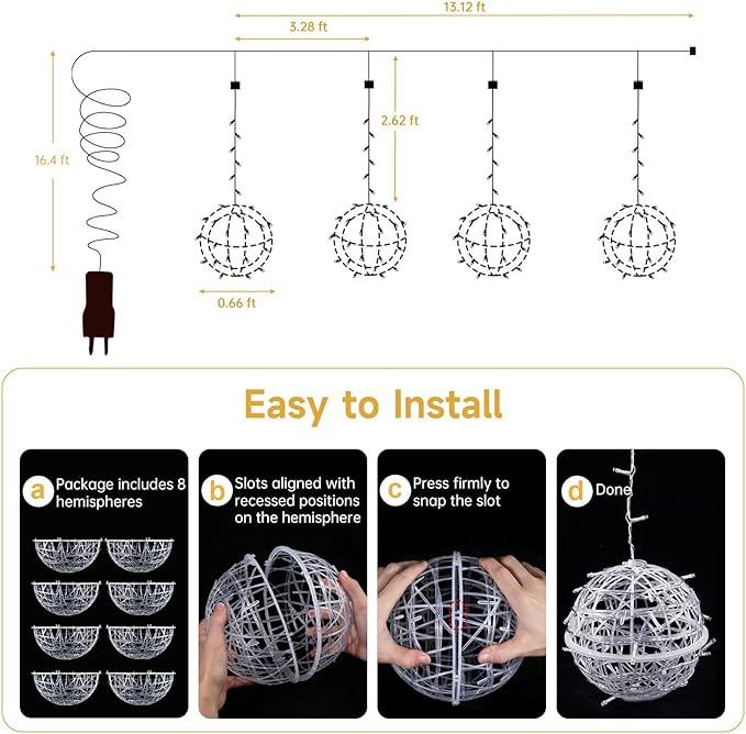 Christmas String Lights Outdoors,4 Pack 7.96" Sphere Lights,Ball Tree Garden Globe Lights for Home, Party, Christmas, Porch Patio,Wedding, Garden,Tree Decoration with Plug