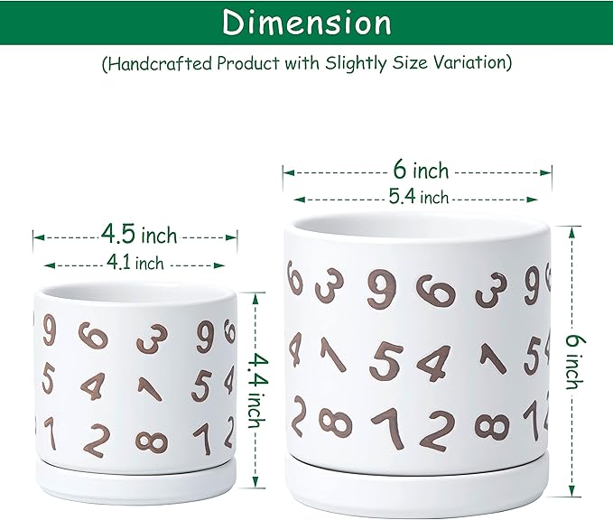 D'vine Dev Set of 2 Ceramic Planter Pots with Drainage Hole and Saucer, 4.5 Inch 6 Inch Plant Pots for Plants Indoor Houseplants, White, 99-B-1