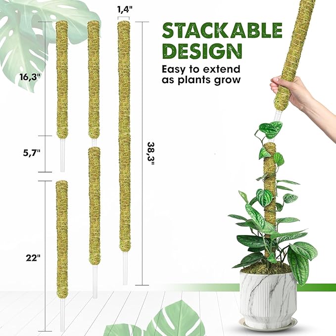 DUSPRO Natural Stackable Moss Pole for Plants Monstera Potted Plant Stakes for Indoor Plants Extendable Plant Pole Moss Sticks for Plants Climbing Vine Supporting Monstera Trellis 4Pcs 22''