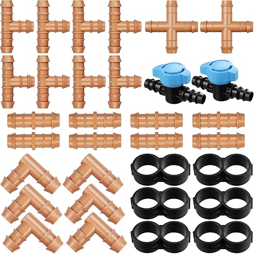 32 Pieces Drip Irrigation Fittings Kit: 1/2 Inch Drip Irrigation Tubing Set Includes 8 Couplings 8 Tees 6 Elbows 6 Plugs 2 Crosses 2 Valves for Sprinkler Systems