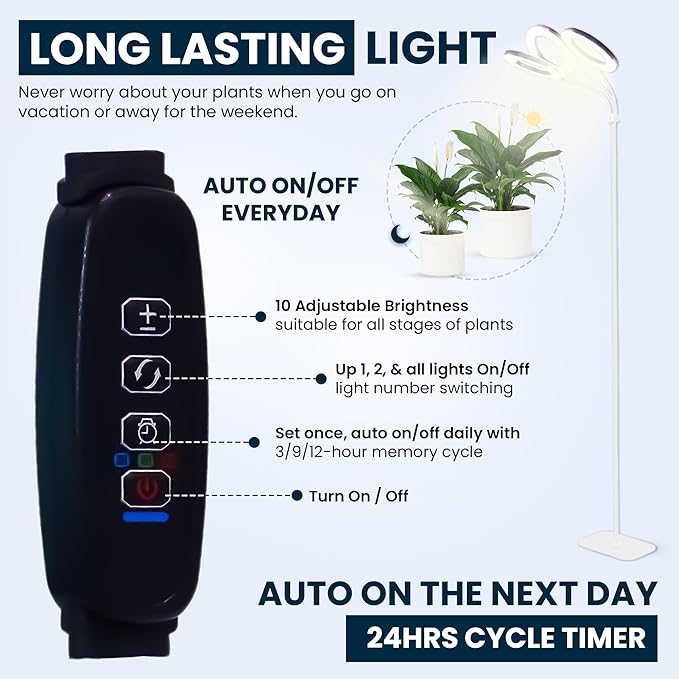 Hanging Grow Light for Indoor Plants with Warm Colors, Full Spectrum Plant Standing Lamp for Seeding Small and Large Plants with 3 Heads, Auto On/Off Timer and Adjustable Tripod Stand– 30 Watts