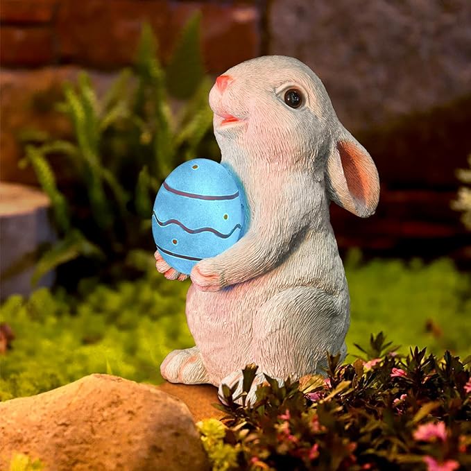 Solar Easter Rabbit Garden Statues Outdoor Bunny Decor Resin Bunny Statue with Egg Changing LED Lights Outdoor Easter Decorations for Porch Patio Lawn Yard Easter Gifts for Mom Grandma