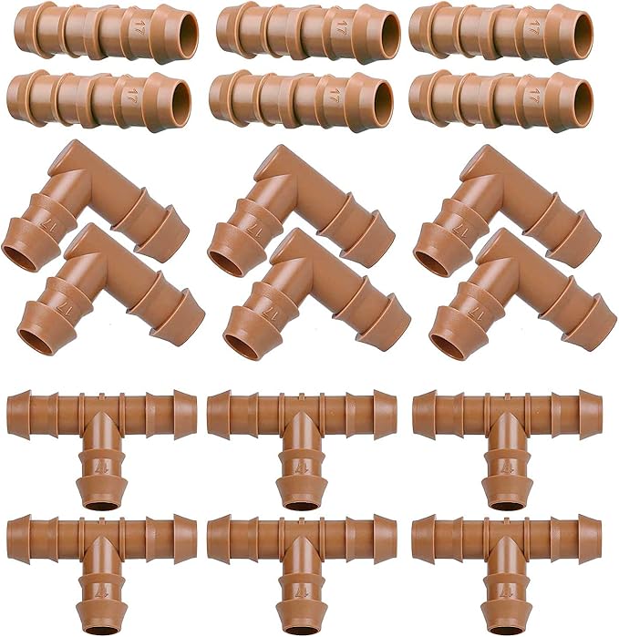 Drip Irrigation Fittings Kit for 1/2" Tubing, 18 Pieces Set Barbed Connectors - 6 Tees, 6 Couplings, 6 Elbows - Drip Line Parts (17mm .600" ID) Half Inch for Garden Sprinkler Systems