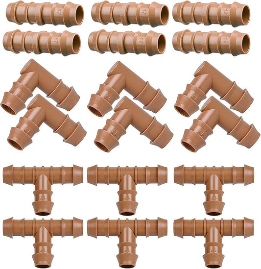 Drip Irrigation Fittings Kit for 1/2" Tubing, 18 Pieces Set Barbed Connectors - 6 Tees, 6 Couplings, 6 Elbows - Drip Line Parts (17mm .600" ID) Half Inch for Garden Sprinkler Systems