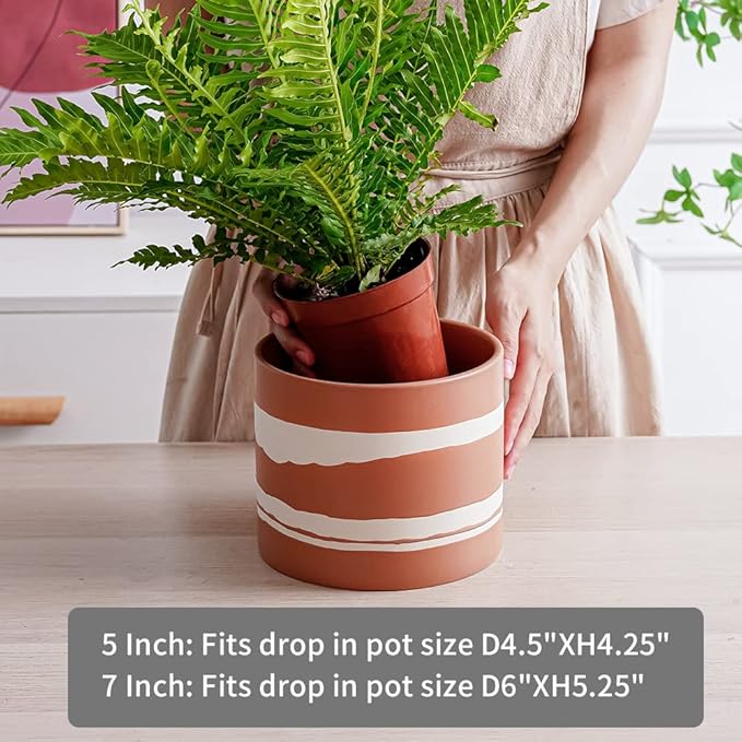 Nihow Modern Ceramic Plant Pot - 5 + 7 Inch Flower Pot for All Indoor Plants - Sturdy Planter Pots with Drainage Hole & Rubber Plugs - Semi-Matte Terracotta & Nature - Plants Not Included