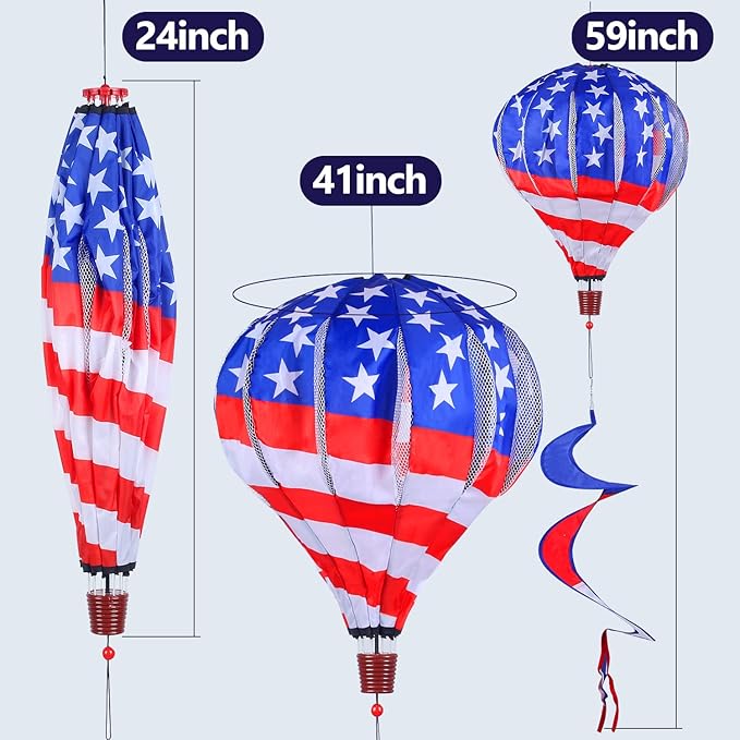 BATTIFE 2Pcs Patriotic Hot Air Balloon Wind Spinner, American Flag Kinetic Wind Twister with Tail, Outdoor Spiral Windmill Garden Yard, 4th of July Hanging Decoration