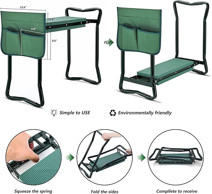 Garden Kneeler Seat Gardening Stool Garden Bench Foldable Portable Garden Knee Stools with Tool Bag Pouch Soft EVA Foam Kneeling Pad