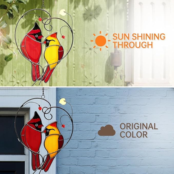 Cardinal Suncatchers Stained Glass for Windows Hangings,Male & Female Cardinal Stained Glass Sun Catchers,Stained Glass Red Love Birds Home Ornament,Gifts for Women