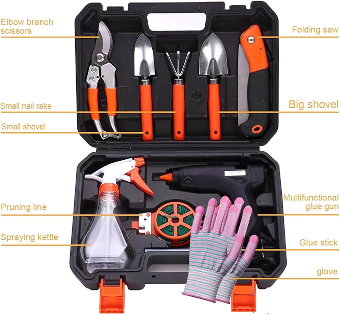 10 Pieces Gardening Tools Set, Ergonomic Handle Sprayer,Pruner,Rake,Shovel,Folding Saw,Glove,Outdoor Garden Tools with Carrying Suitcase,Ideal Garden Tool Gifts for Women
