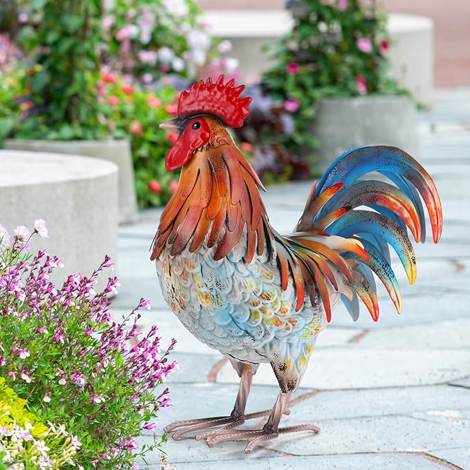 Metal Rooster Decor Garden Statue,Yard Chicken Decorations Outdoor Sculpture for Backyard Patio Kitchen Lawn Ornaments,Birthday Housewarming Gifts for Women Mom
