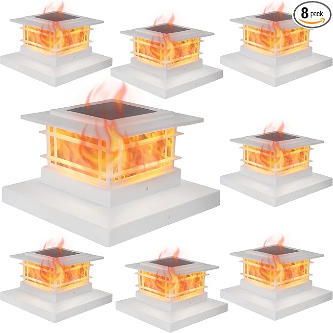 Dynaming 8 Pack Solar Flame Post Lights Outdoor, Solar Powered Fence Post White Shell Cap Light, High Brightness Flickering Flame LED Lighting for Garden Deck Patio, Fit 4x4 5x5 6x6 Vinyl/Wooden Posts