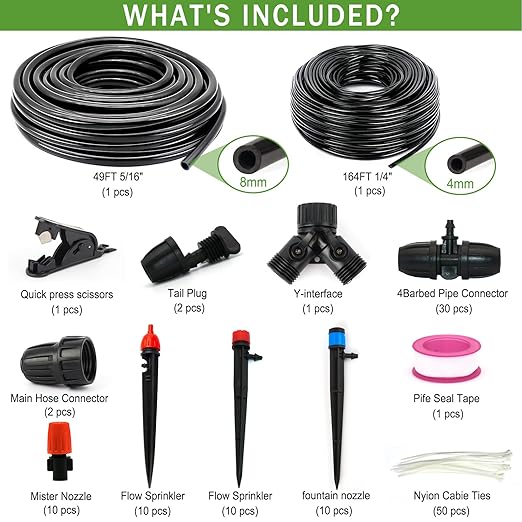 Drip Irrigation Kits, 213 FT Mist Cooling Automatic Irrigation System for Outdoor Plants with Distribution Tubing Hose, Garden Watering Sprinklers System for Yard, Lawn, Patio, Greenhouse