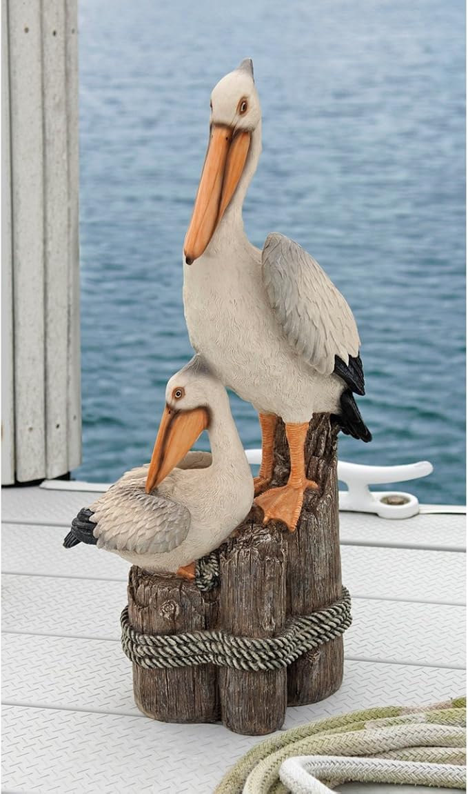 Design Toscano Coastal Decor Ocean's Perch Pelicans Garden Bird Statue, 9 Inch Wide, 24 Inch Tall, Cast Stone Resin, Full Color Finish