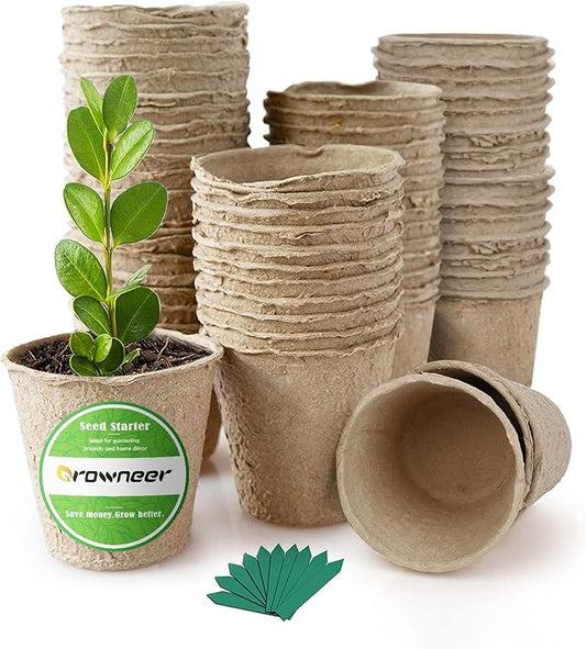 GROWNEER 60 Packs 2.4 Inch Peat Pots Plant Starters for Seedling with 25 Pcs Plant Labels Biodegradable Herb Seed Starter Pots Kits Garden Germination Nursery Pot