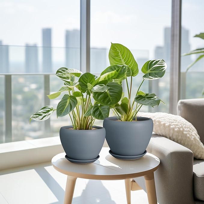 Ceramic Plant Pots - Large Planters for Indoor Plants 10 Inch 8 Inch 6 Inch Plant Pots with Drainage Holes and Saucer Fluted Round Flower Pots Outdoor Set of 3 Gray