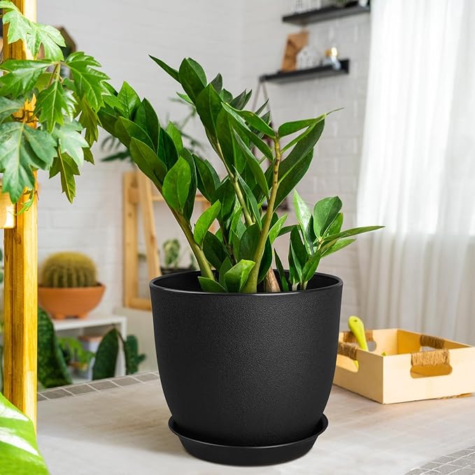 8 inch Plant Pots Set of 4 Pack, Plastic Planters with Drainage Holes and 4 Saucers, Morden Decorative Creation Flower Pots for Indoor & Outdoor Garden House Plants, Black