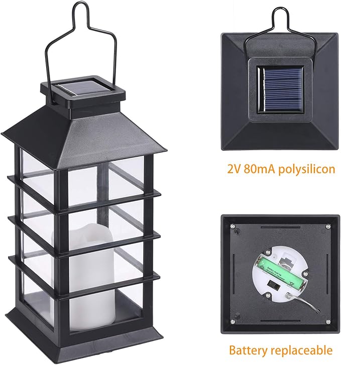 LED Solar Lantern - Outdoor Hanging Solar Lights Waterproof Flickering Flame Candle Light for Patio Courtyard Garden Decorative(2 Pack)