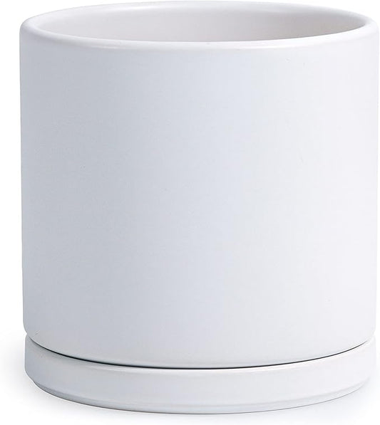 D'vine Dev 8 Inch Ceramic Planter Pot with Drainage Hole and Saucer, Indoor Cylinder Round Planter Pot, White, 94-O-D-1