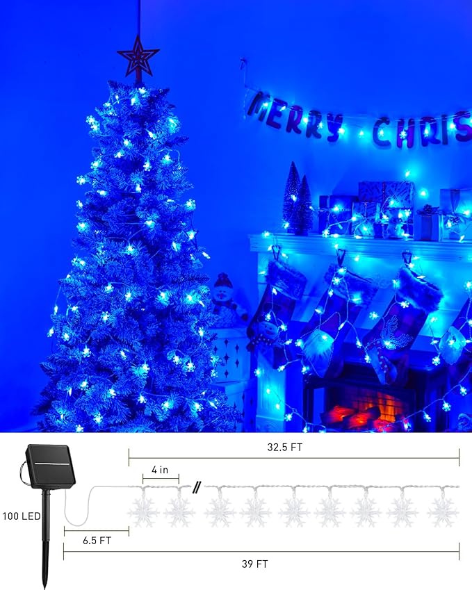 Solar Christmas Snowflake String Lights 2-Pack 100 LED 78FT Outdoor Waterproof Fairy Lights with 8 Lighting Modes for Wedding, Party, Tree, Room, Garden, Patio, Yard, Home(Blue)