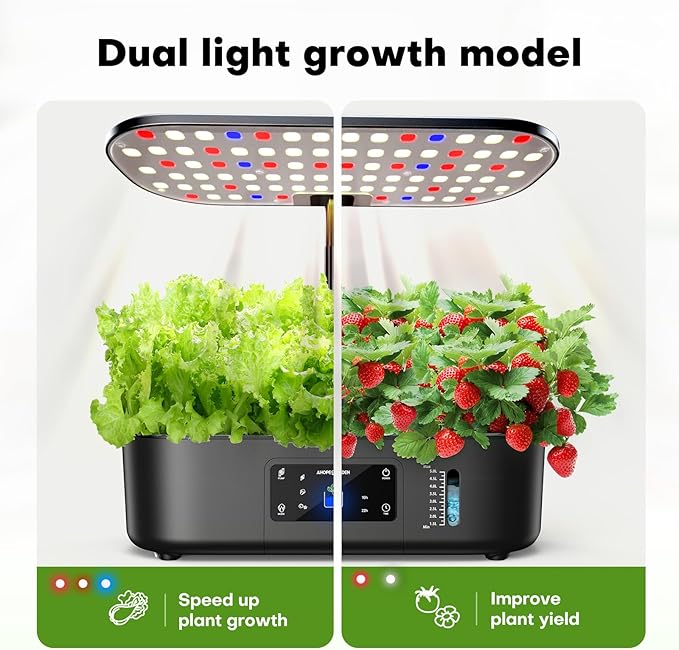 Ahopegarden Hydroponics Growing System Kit Indoor Herb Garden with Grow Light 12 Pods, with LCD Touch Panel Hydroponic Planter, Planting Height Up to 17", Grower Harvest Fresh Veggie Lettuce, Black