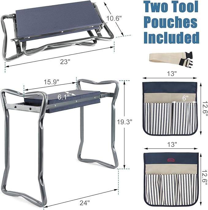 G GOOD GAIN Gardening Stool Widen Soft Kneeling Pad Garden Kneeler and Seat with 2 Larger Tool Pouches Outdoor Foldable Sturdy Gardening Tools Gifts for Gardeners, Navy