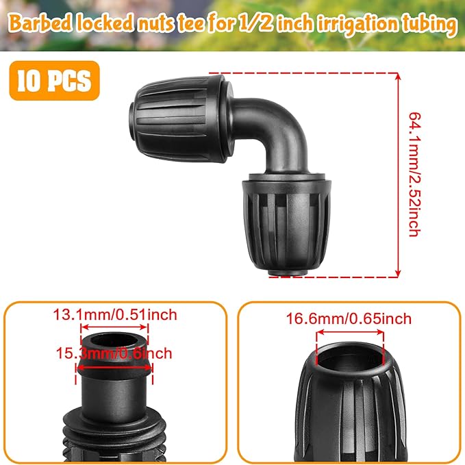 Drip Irrigation Fittings for 1/2 Inch Drip Tubing (1/2" ID x 0.65" OD)：1/2'' Drip Line 90 Degree Elbows Anti-drop Locked Nut Barbed Elbow Connectors Garden Irrigation System Parts (10 Pack)