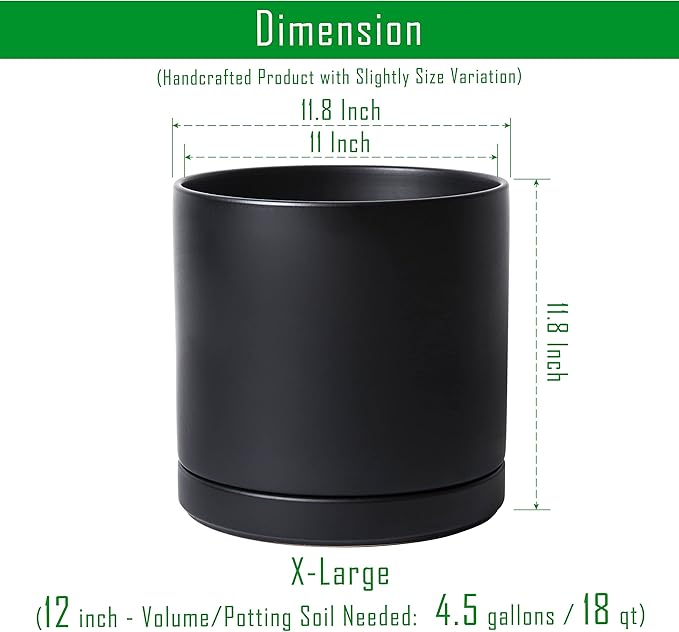 D'vine Dev 12 Inch Ceramic Planter Pot with Drainage Hole and Saucer, Indoor Cylinder Round Planter Pot, Black, 94-O-F-2