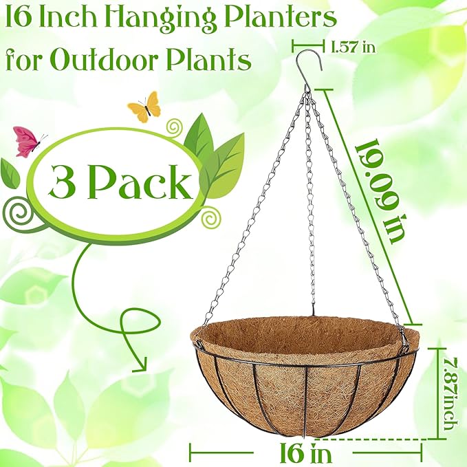 ZeeDix 3 Pack 16 Inch Metal Round Hanging Planter Basket with Coconut Liners Replacement, Hanging planters Baskets with Natural Coco Liner for Outdoor Indoor Planters Flowers Vegetables