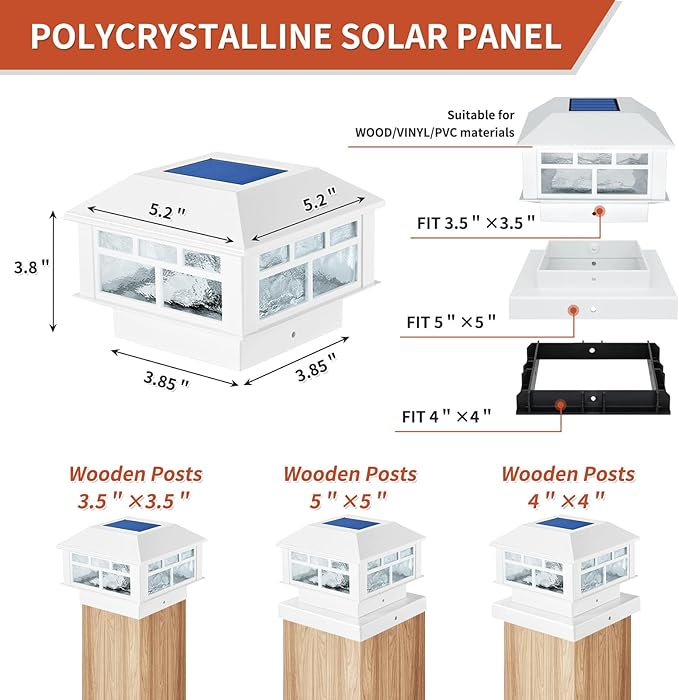 Solar Post Lights Outdoor, 20LM Fence Post Cap Lights, Waterproof, 2 Light Modes, Fit 3.5x3.5in 4x4in 5x5in Wooden Post, Solar Power Deck Lights for Garden Deck Patio Decoration(White 8Pack)