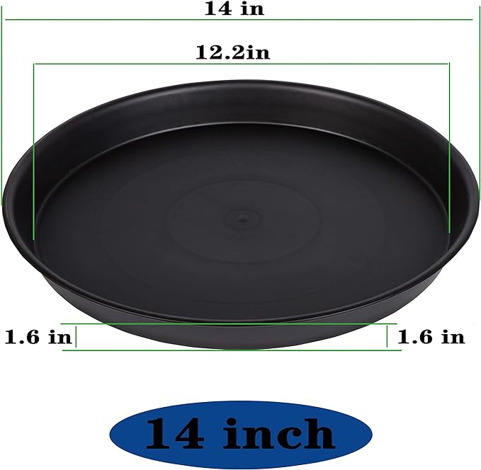 2 Pack of 14 inch Plant Saucer, Heavy Duty Round Plant Trays for Pots, Plastic Plant Water Tray, Flower Plant Saucers for Indoors, Pot Drip Trays for Planter 12-14" (14", Black)
