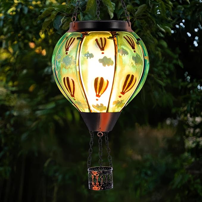 Solar Hot Air Balloon Lantern Flickering Flame, Sky Blue Glass Hot Air Balloon Solar Lantern Outdoor Waterproof, Decorative Hanging Hot Air Balloon Solar Light for Outside Garden Patio Yard
