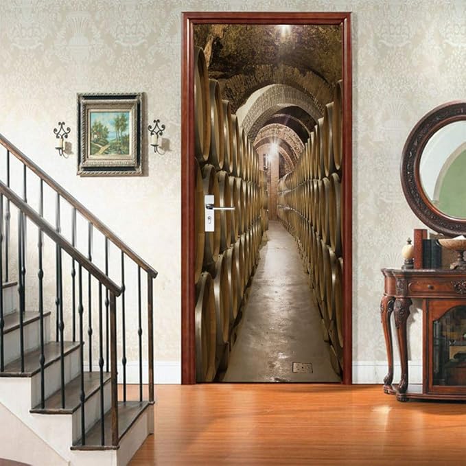 3D Door Stickers Murals Peel and Stick - Wine Cellar - Door Wallpaper Self-Adhesive Door Decals Removable PVC Waterproof Door Poster for Bedroom Living Room Door Wall Decoration 30.3 x 78.7 inch