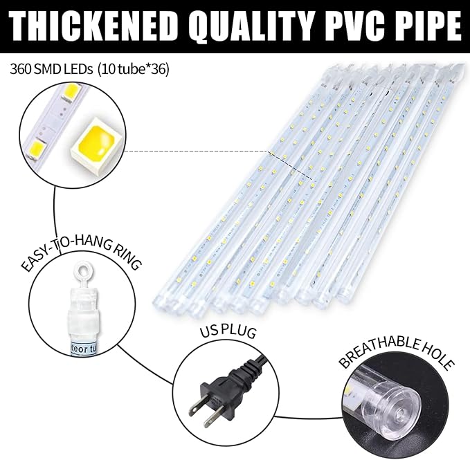 Meteor Shower Lights, Christmas Lights, 12 Inch 10 Tube 360 LED Rain Falling Icicle Cascading Lights for Xmas Tree Halloween Patio Garden Roof Eaves Decoration