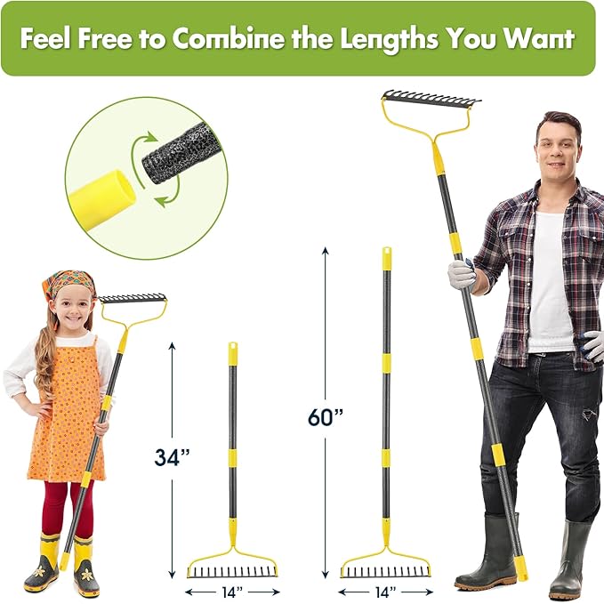 Garden Rake,14 Tines Heavy Duty Bow Rake for Lawns,60 Inch Long Handle Gardening Leaf Rake for Loosening Soil…