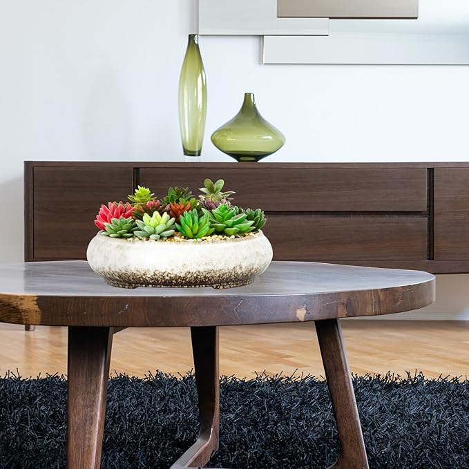 Succulent Pots - 11.5 Inch Ceramic Bonsai Pots with Drainage, Large Shallow Succulent Planters for Indoor Outdoor Plants, Round Glazed Cactus Flower Plant Container Bowl Home Desk Decor(White)