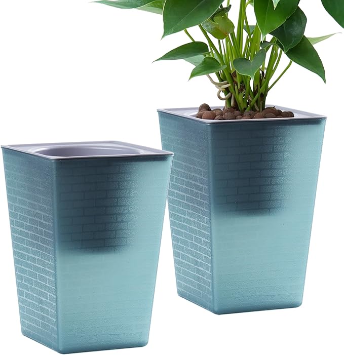 Self Watering Planter 2 Pieces 6 Inch, Plastic Flower Pots with Inner Pot Indoor Plants Brick Pattern Flowerpot for Indoor Plants, African Violets, Flowers, Herbs (Blue)