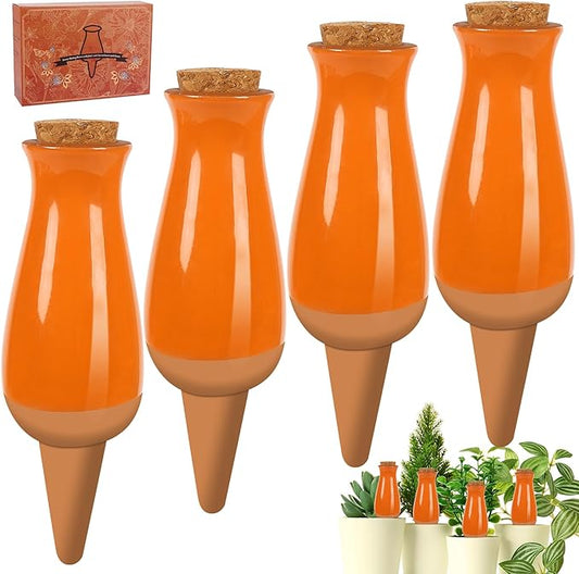 4 Packs Plant Watering Globes, Self Watering Planter Insert, Clay Plant Watering Devices, Self Watering Pots for Indoor Plant, Automatic Watering Bulbs Drip Irrigation for 1 Week Easy to Refill-Orange