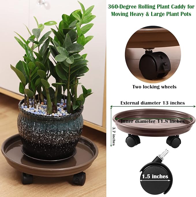6 Packs Plastic Plant Caddy with Casters 12” Plant Dolly Heavy Duty Rolling Plant Stand with Wheels for Indoor and Outdoor Large Heavy Plant Pot Rollers, Black and Brown