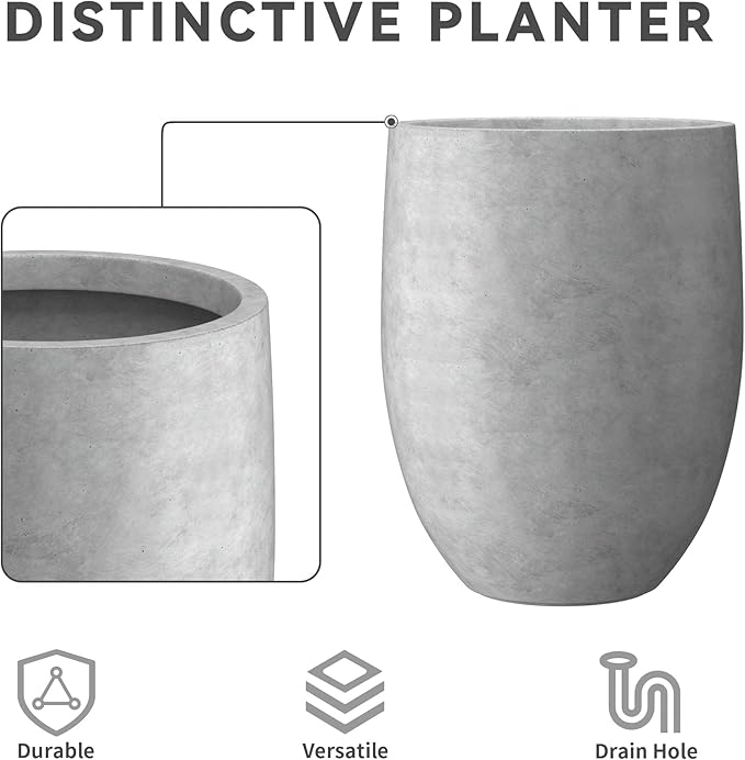 Kante 21.7" H Natural Concrete Tall Planter, Large Outdoor Indoor Decorative Pot with Drainage Hole and Rubber Plug, Modern Round Taper Style for Home and Patio