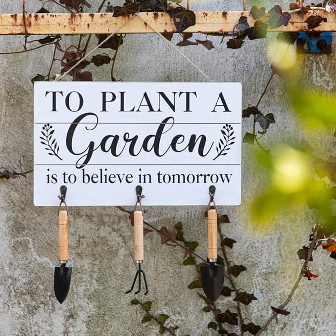 COLLECTIVE HOME - Garden Decor with Tools, Inspirational Wood Hanging Signs, Garden Tools Set - 3 Piece, Out Door Decor with Hooks, to Plant a Garden is to Believe in Tomorrow, 15.75"x9.5" (White)