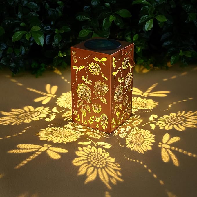 Solar Lanterns Outdoor Hanging Dragonfly Lantern Waterproof Decor Garden Metal LED Sunflower Christmas Lights Gifts for Mom Grandma Women Decorative Patio,Yard,Lawn,Balcony,House