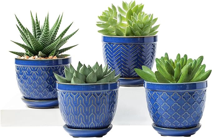 Sureasy Ceramic Plant Pots, 4.7 Inch Flower Pots for Indoor Plants, Succulent Pots with Saucer and Drainage Hole, Decorative Planter for Succulent, Cactus, Set of 4, Blue