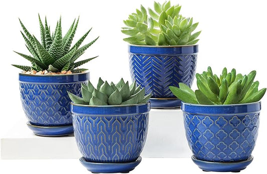 Sureasy Ceramic Plant Pots, 4.7 Inch Flower Pots for Indoor Plants, Succulent Pots with Saucer and Drainage Hole, Decorative Planter for Succulent, Cactus, Set of 4, Blue