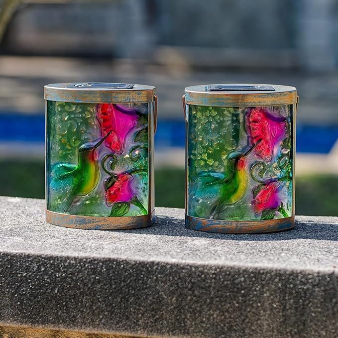 2 Pack Hummingbird Hanging Solar Lanterns Outdoor Waterproof, Tabletop Lamp Glass Solar Lantern for Patio Garden