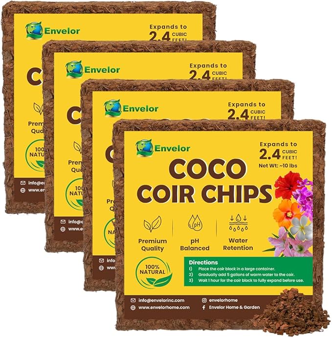 Coco Coir Chips 4-Pack Envelor 2.4 Cu. Ft. Compressed Coconut Coir Bricks 10 lb. Natural Substrate for Indoor Outdoor Coco Chips for Plants Orchid Bark Coco Coir Brick Plant Soil Indoor Potting Mix