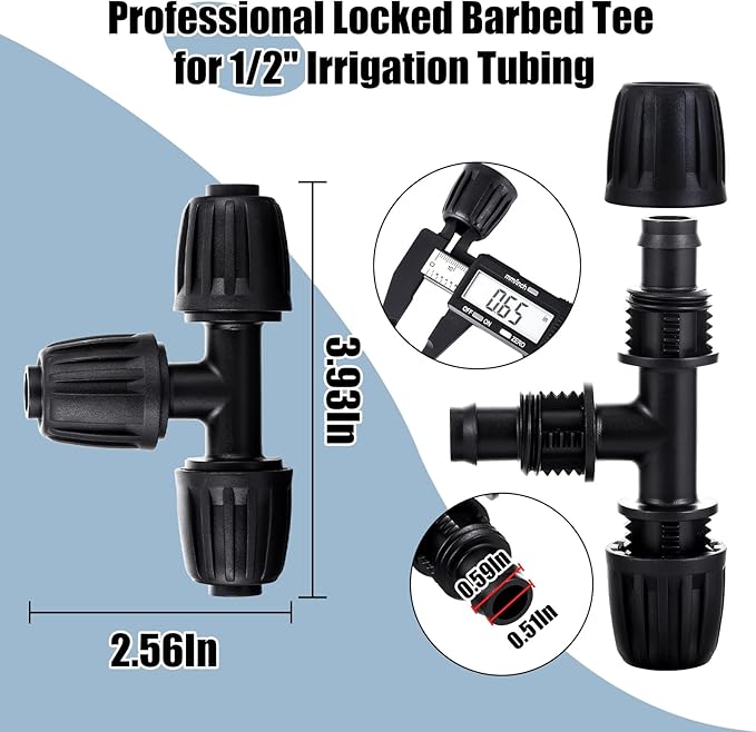 12pc 1/2 inch Irrigation Fittings Tee Connectors,Anti-Drop Lock Barbed Tee Connectors for (1/2" ID x0.6-0.63" OD) Drip Tubing Drip Irrigation Fittings