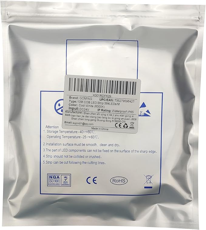 10M/32.8ft 24V COB LED Strip Light Waterproof IP65 Cool White 6000K Uniform Glow 3840LEDs CRI 93+ Flexible LED Tape Lights for DIY Cabinet Bedroom Kitchen Home Decor(No Power Supply)