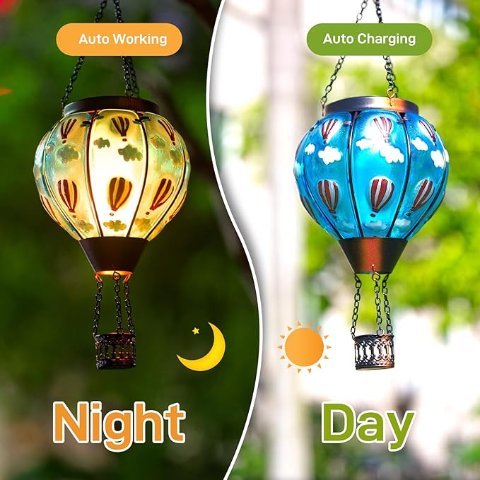 Solar Hot Air Balloon Lantern Flickering Flame, Sky Blue Glass Hot Air Balloon Solar Lantern Outdoor Waterproof, Decorative Hanging Hot Air Balloon Solar Light for Outside Garden Patio Yard