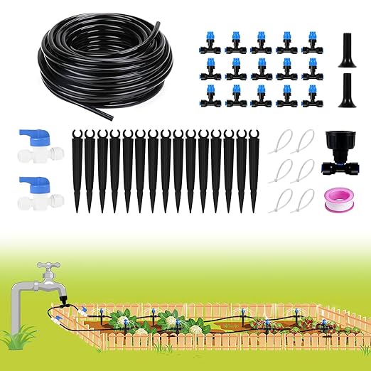 Depel Drip Irrigation Kit,49ft Quick Connect Garden Watering System Raised Bed Watering System Automatic Irrigation System with 1/4"Tubing, Sprinkler Nozzles for Greenhouse Patio Plants
