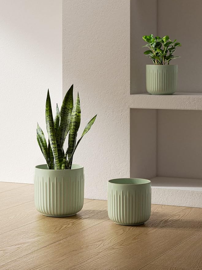 LE TAUCI Ceramic Planters, 8.3+6.9+5.7 Inch Plant Pots for Indoor Plants, Set of 3 Flower Pot with Drainage Holes, Large Round Planters Pot for Indoor House Plants, Reactive Glaze Sage Green